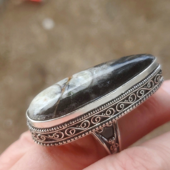 New Oversized Orthoceras Fossil Antique Design 925 Silver Statement Ring. - Picture 2 of 11